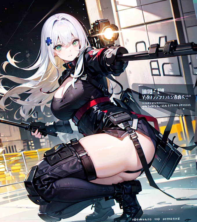 {{masterpiece, highest quality, Extremely detailed CG, Unified 8k wallpaper, Cinema Lighting, Lens flare}}, On one knee, holding a rifle、shootingする少女, A broad perspective, Thick body, Long blonde hair floating up, Green Eyes, (Have a weapon, He has a rifle., aim, aim: 1.4), gun, h&HK416, carbine, fire, The moment of the shot,Camel Toe、Giant tit、Nipple Puffs、Cleavage、Plump、Super big breasts、Super big butt、sexy、sexyポーズ、lure、Sniper、Gundam、High height、shooting、Beam rifle、Jetpack equipped、Aerial