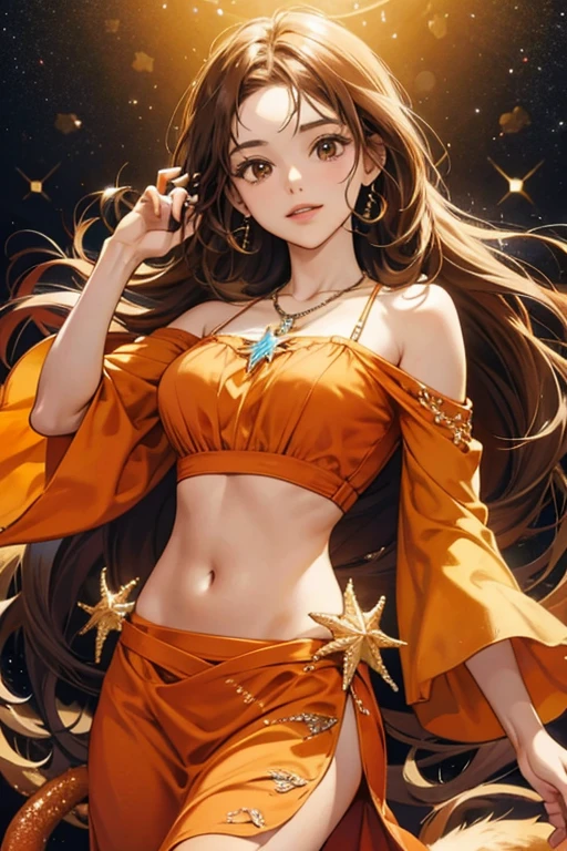 woman with light skin and long light brown hair with strands of orange fabric. She wears a bright orange top with strands of beads and a starfish necklace with a gemstone in its center. Her tail is bright orange. SPARKLE; GLITTER