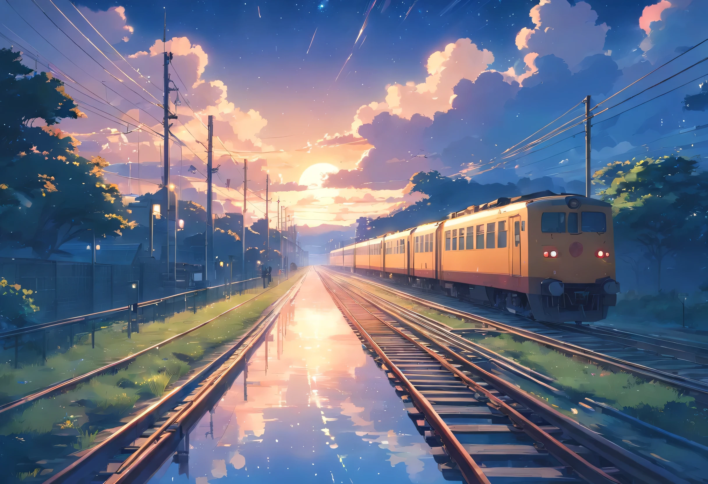 High quality masterpieces, landscapes, clouds, anime train passing water bodies on railway tracks in the distance, bright starry sky. traveler, romantic lights, pixiv, concept art, lofi art style, reflection. Makoto Shinkai, rophy art, beautiful anime scenes, anime scenery, detailed scenery — width 672, Makoto Shinkai's style, Makoto Shinkai's style, enhanced details.