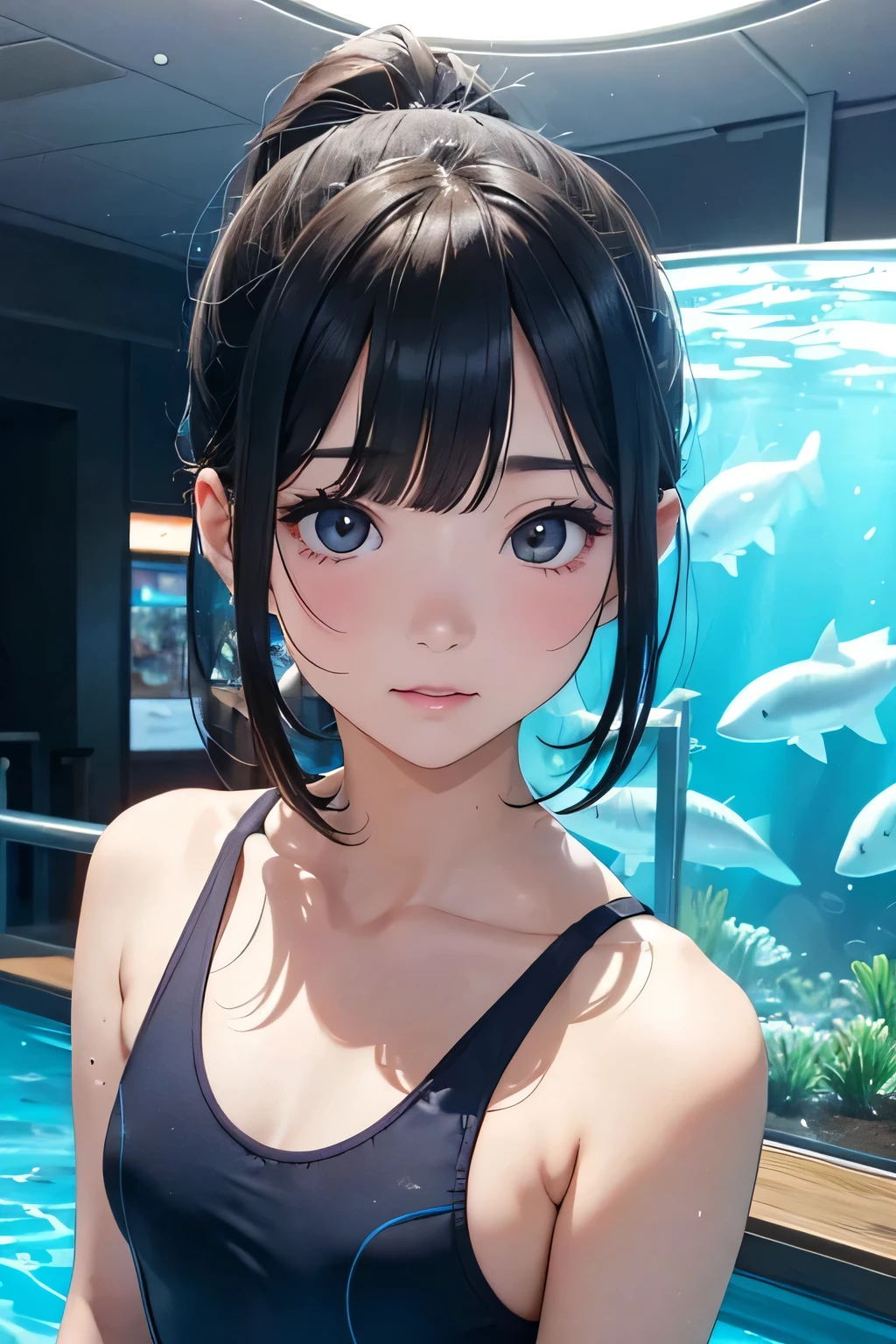highest quality、High resolution、Detailed Background、(Beautiful face in every detail:1.4)、Anatomically correct、(Draw the usual number of fingers:1.2)、(Detailed facial expressions)、(Detailed eyes:1.2)、(Detailed eyes:1.2)、Beautiful, smooth skin、Teenage beauty、(Highly detailed face:1.4)、Cute color hair color、ponytail、Bobcut、well-groomed eyebrows、Aquarium、Full Coverage Swimsuits、Wetsuits、Vulcanisuit、Cowboy Shot、
Aquariums often have penguin exhibits.、
The penguins' swimming and diving movements underwater are particularly adorable.、
Watching the penguins play in the water is so cute and heartwarming.、
The aquarium may have a touch pool.、
There you can touch creatures such as sea stars and rays.、
Many aquariums regularly hold dolphin shows, which are fun events for both adults and children.、
Dolphins' advanced tricks and jumps、I am fascinated by their cuteness as they watch the underwater dance.、
In the jellyfish exhibit, the colorful jellyfish swimming gracefully can be seen as both fantastical and adorable.、The jellyfish, especially when illuminated in a dark space, are beautiful and adorable.