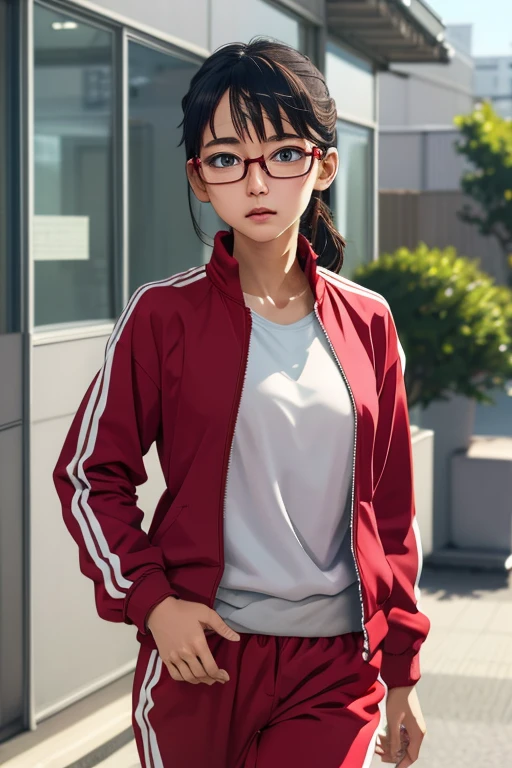 (masterpiece, highest quality), One Girl, Satou, Satou, Glasses, 赤いフレームのGlasses, Under-rim eyewear, Satou, Glasses, 赤いフレームのGlasses, Under-rim eyewear, Track jacket, Track pants