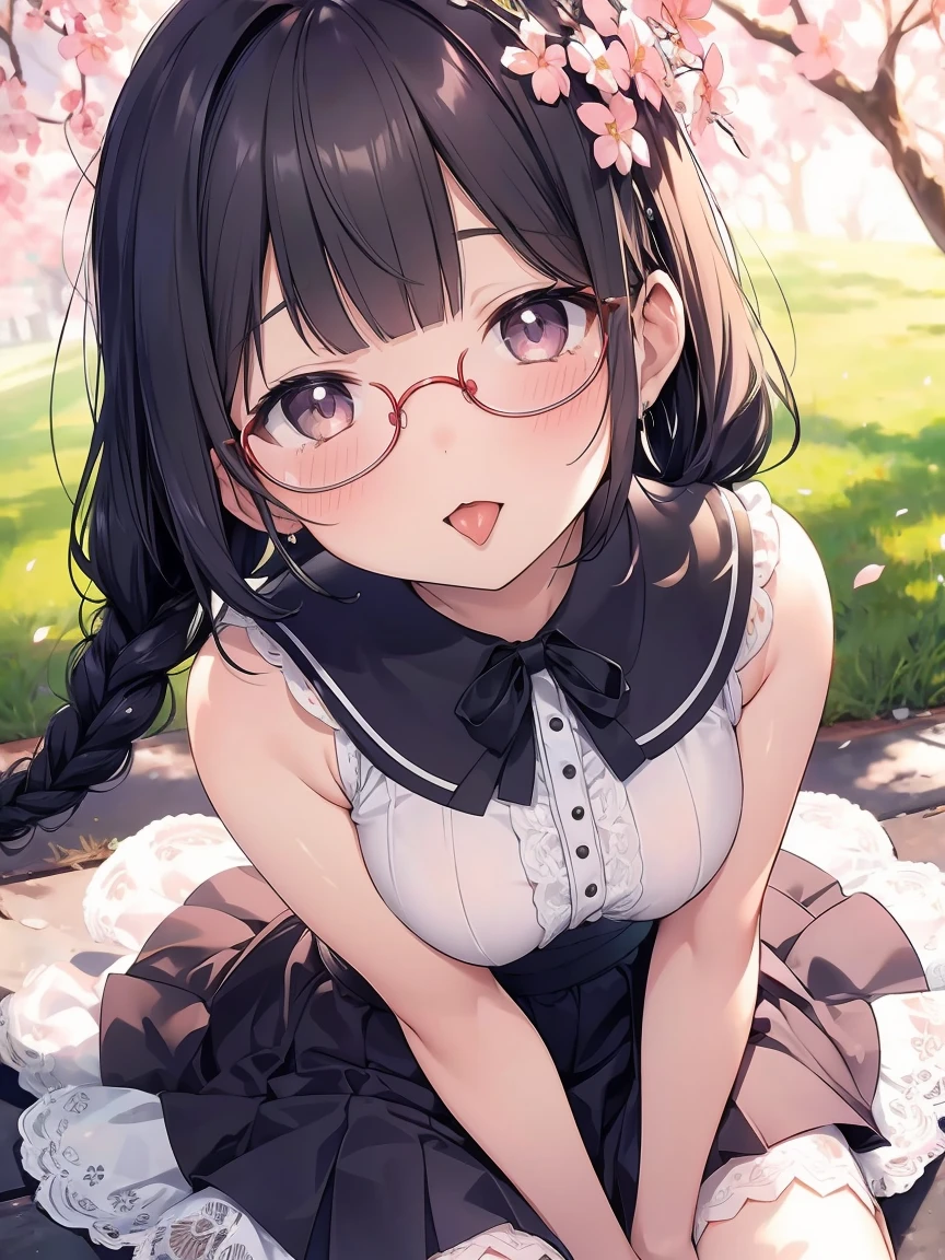 Very detailed, highest quality, High resolution, Moe Anime, ((A cute elementary school girl with black hair and droopy eyes)), ((Wearing large round glasses:1.4)), (Baby Face), Cute eyes, Detailed eye depiction, Sparkle in the eyes, View your viewers, Pale skin, (Big eyes:1.4, Droopy eyes:1.4, Fatty face:1.4), smile, Focus on the face, In the park with cherry blossoms falling, Sitting, (Extreme close up of tongue), (((From above))), Open your mouth, (((Face only:1.3))), ((white lace sleeveless dress)), Bright Eyes, Light from the front, (Put your hands between your legs:1.4), large and long tongue, Cleavage, Braided hairstyle, Pink ribbon