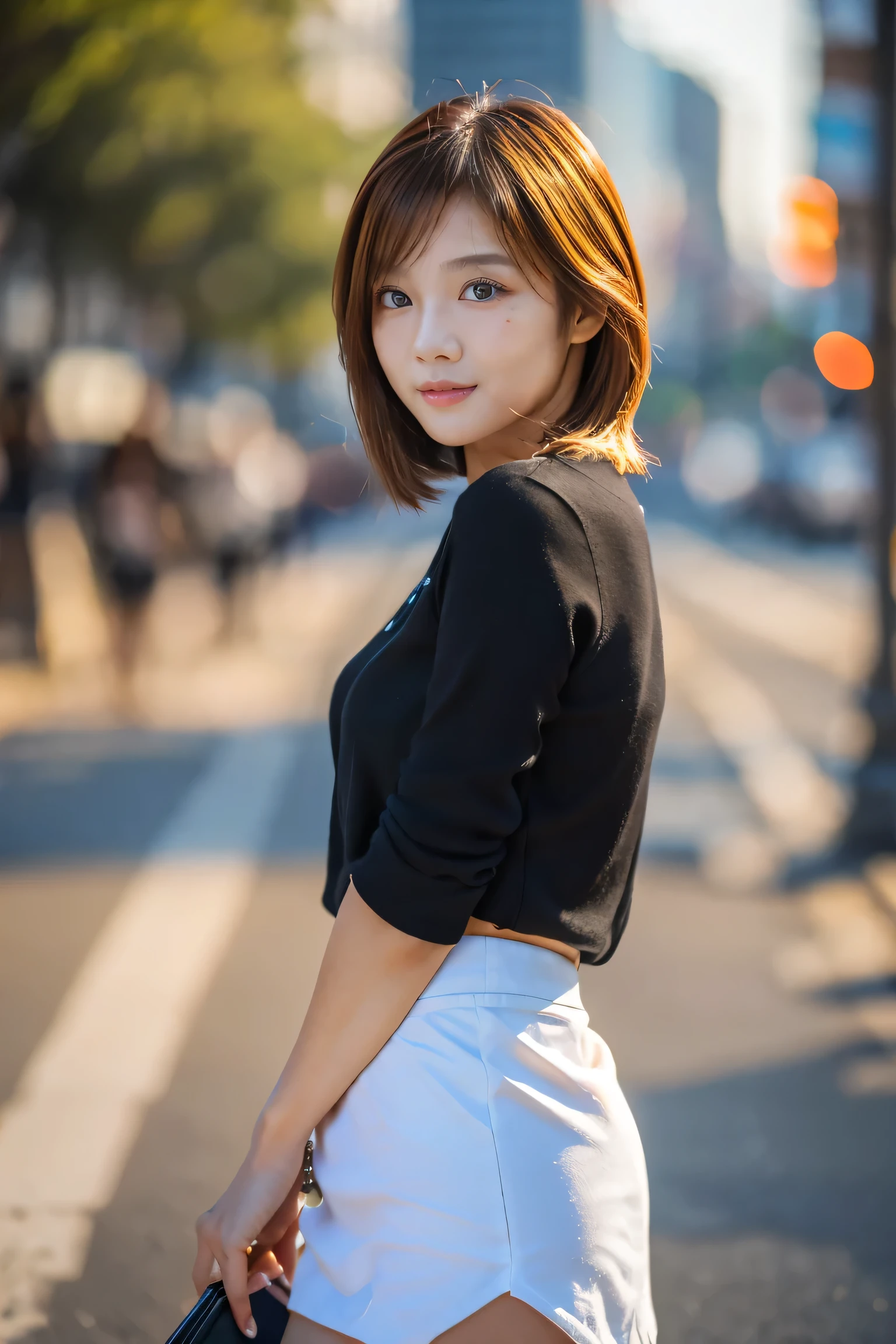 (18-year-old female), (The best quality at its best:1.4), (Super detailed), (Very detailed CG unified 16k), Beautiful woman with perfect figure: 1.4, Sharp focus: 1.2, Very detailed, High-quality RAW color photos, Professional photography, Great face and eyes, Beautiful eyelashes、cosmetics, (Amazingly beautiful girl), ((blouse, White mini tight skirt)), Are standing, Sexy posture,(Stylish cityscape, dawn:1.3), (View from below), Realistic movie faces, Wide zoomed out view of head to foot length, Full body long view, Realistic, ((Realistic natural orange red hairstyle, Realistic blue eyes, Short Bob Hair)), nice, Very beautiful face, Perfect model beauty, Mouth swelling, Highly detailed face and skin texture, Fine grain, double eyelid, Medium chest, smile, Crack, west, (masterpiece), highest quality, High resolution, Very detailed, Blurred Background, Depth of written boundary, Cinema Lighting, Great legs, High heels, Clear, well-maintained skin, (((Women make up the majority of the photo)))