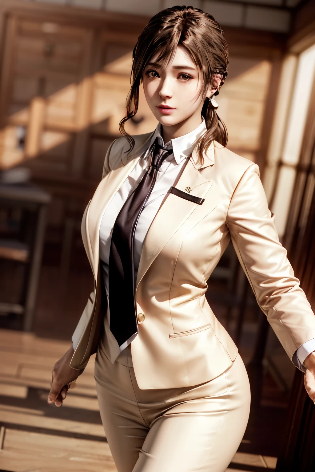 highest quality, Perfect Face, Complex, Beautiful views, Ultra-realistic 8K CG,Perfect artwork, 1 Female, Sayuri, alone, Female teacher-like appearance, White business suit, Light brown tie, Long pencil skirt, alone, Side lighting, Shallow and sharp depth of field, Realistic,,