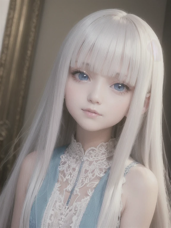 Portrait、、Bright and very beautiful face、Younger, brighter, whiter skin、Best Looks、Platinum blonde hair with dazzling highlights、thin and shiny hair、Super long, silky straight hair、Shiny beautiful bangs、Shining, clear, big blue eyes、A very beautiful, lovely and cute 14 year old girl、