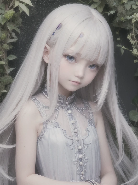 Portrait、、Bright and very beautiful face、Younger, brighter, whiter skin、Best Looks、Platinum blonde hair with dazzling highlights、thin and shiny hair、Super long, silky straight hair、Shiny beautiful bangs、Shining, clear, big blue eyes、A very beautiful, lovely and cute 14 year old girl、