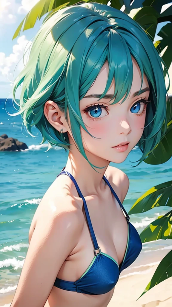 highest quality、Realistic、woman、Japanese、zoom、cute、Ocean、Cobalt blue eyes、Green hair、short hair、Swimwear、Face close-up、thin、Small breasts