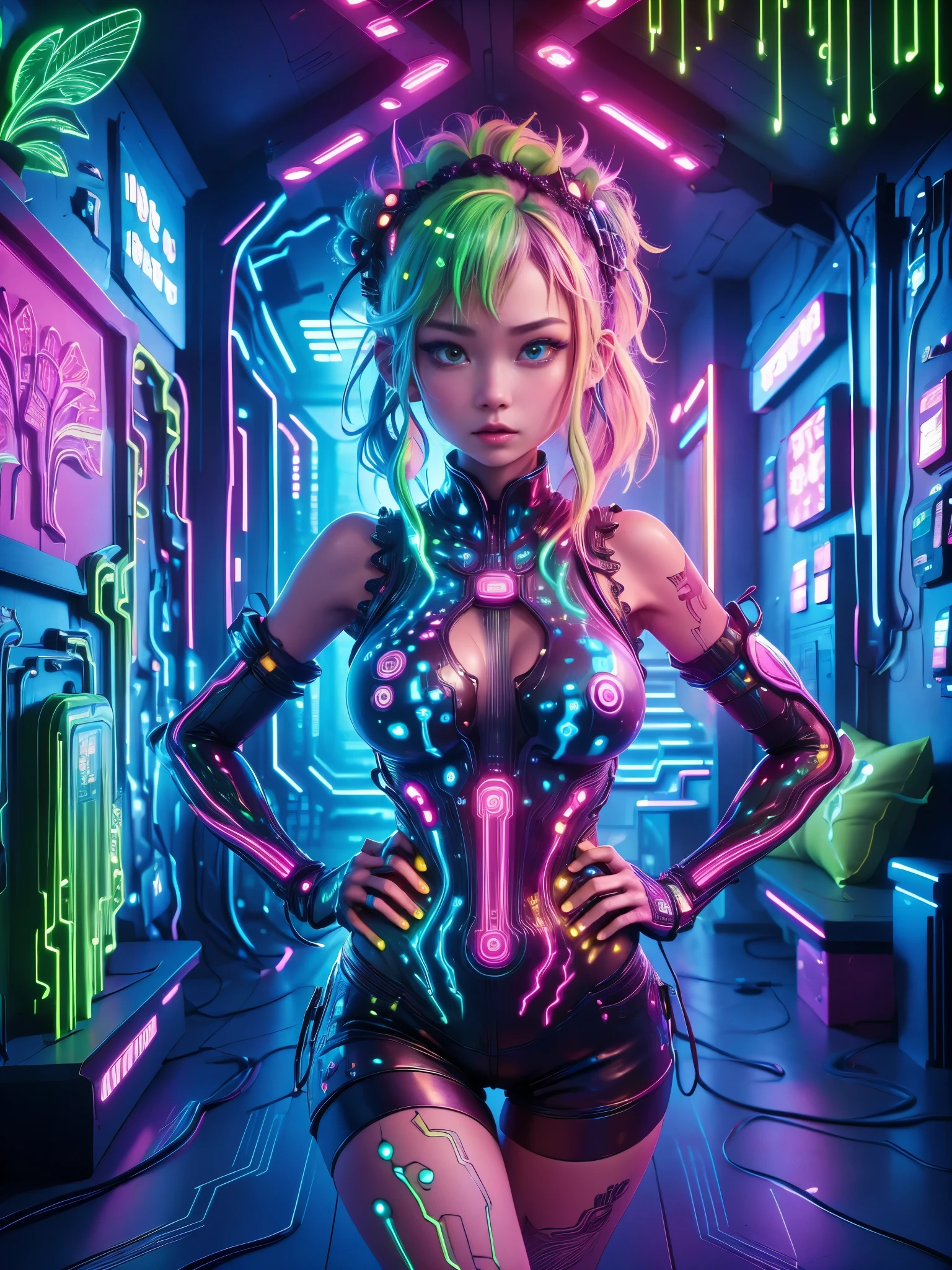 (霓虹lamp)，Circuit Board，colorful nipples，luminescent colors，lamp，girl，Looking at the camera，slime girl，Flowy vest shorts，Towards the wall，Big round eyes，charming，(Ultra HD, masterpiece, precise, Anatomically correct, textured skin, High Detail, high quality, The award-winning, 8k)