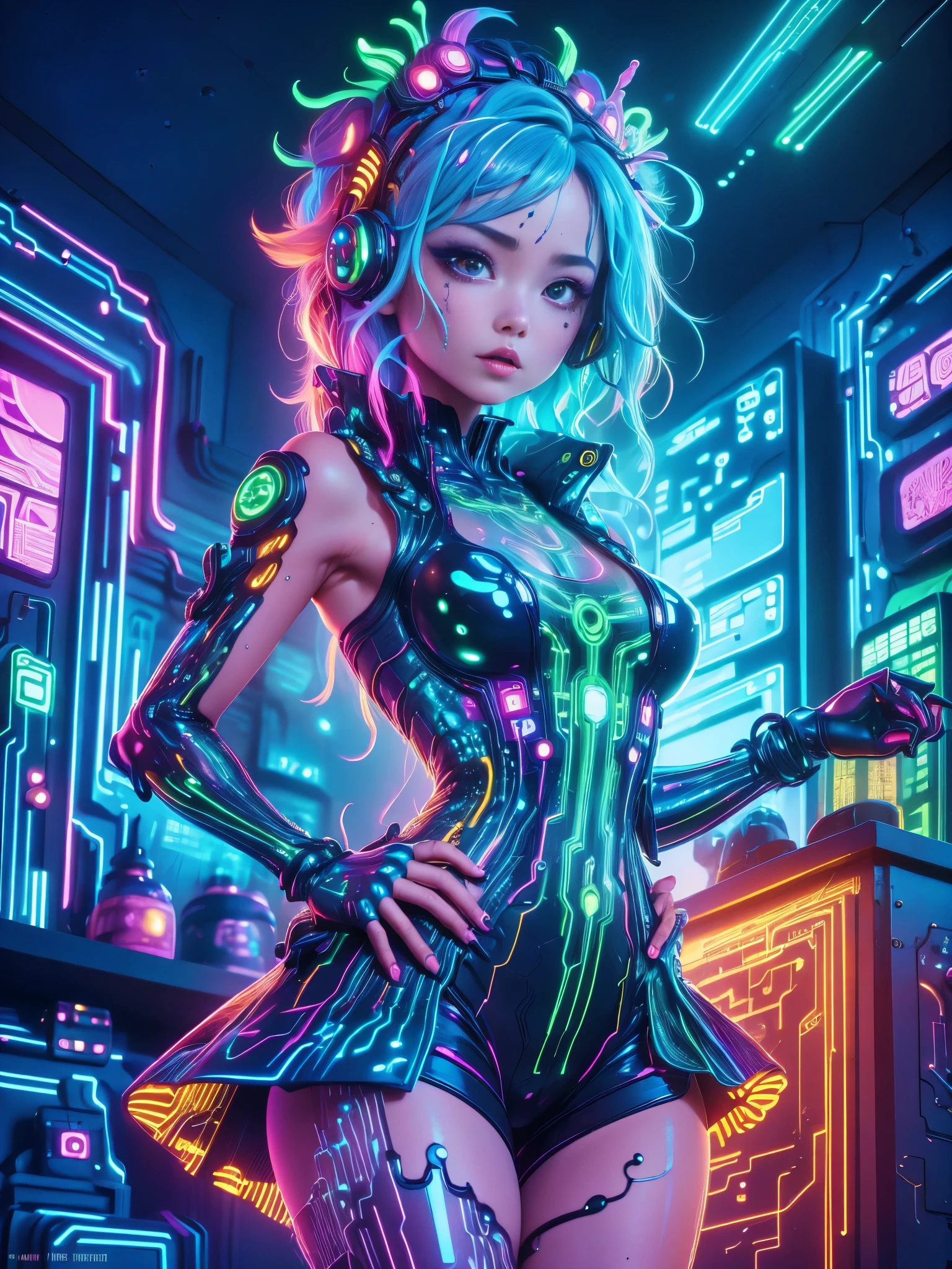 (霓虹lamp)，Circuit Board，colorful nipples，luminescent colors，lamp，girl，Looking at the camera，slime girl，Flowy vest shorts，Towards the wall，Big round eyes，charming，(Ultra HD, masterpiece, precise, Anatomically correct, textured skin, High Detail, high quality, The award-winning, 8k)