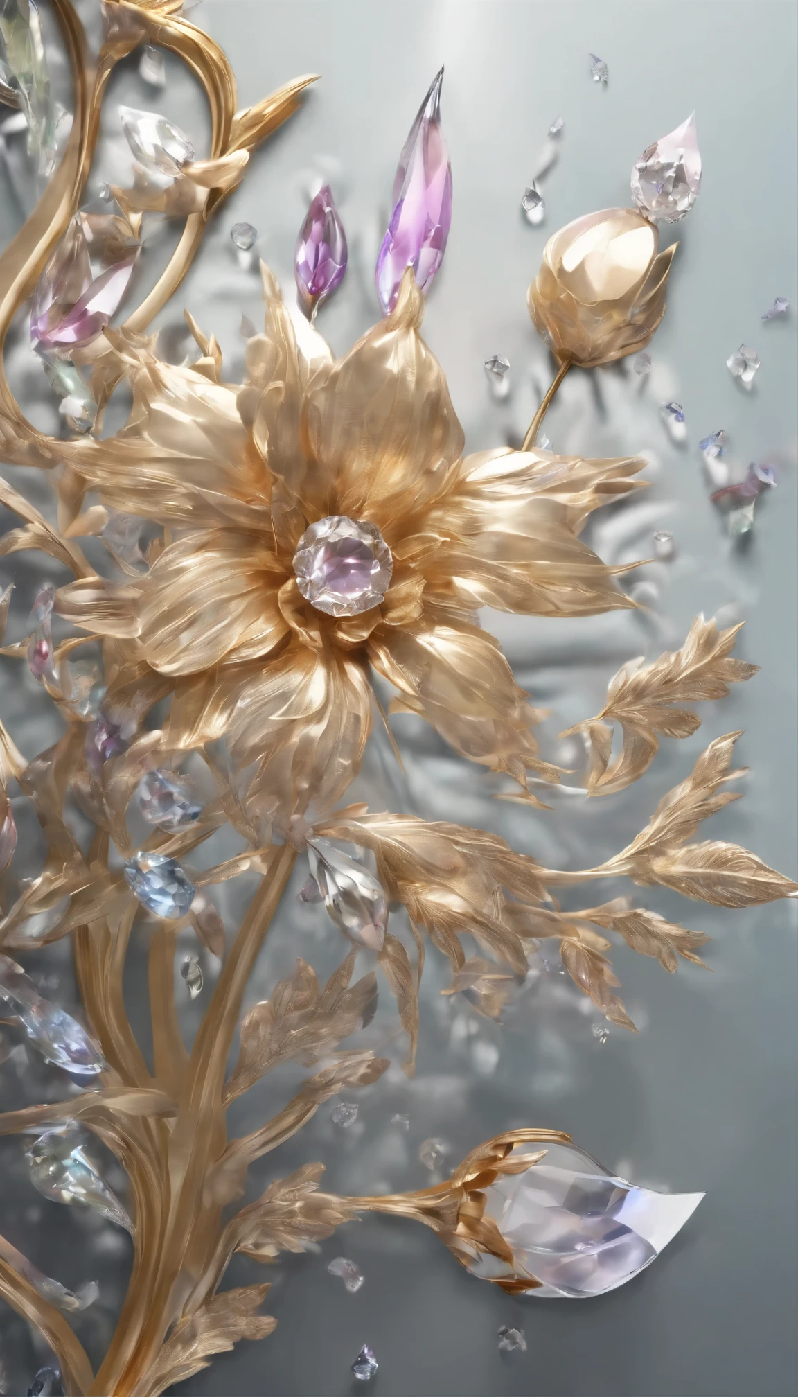 All expressed with jewels, the arrival of spring, various beautiful flowers, angles looking up from below, various jewels falling from the sky, wonderful and beautiful superb view, slightly hazy, fantastic, high resolution, 8K, (best quality, highres, realistic:1.37), shiny metallic flowers, intricate and delicate petals, reflective surfaces, vibrant colors, intricate details, close-up view, surreal garden, surreal beauty, dreamy atmosphere, fine art, abstract botanicals, metallic sculpture, contrasting textures, ethereal glow