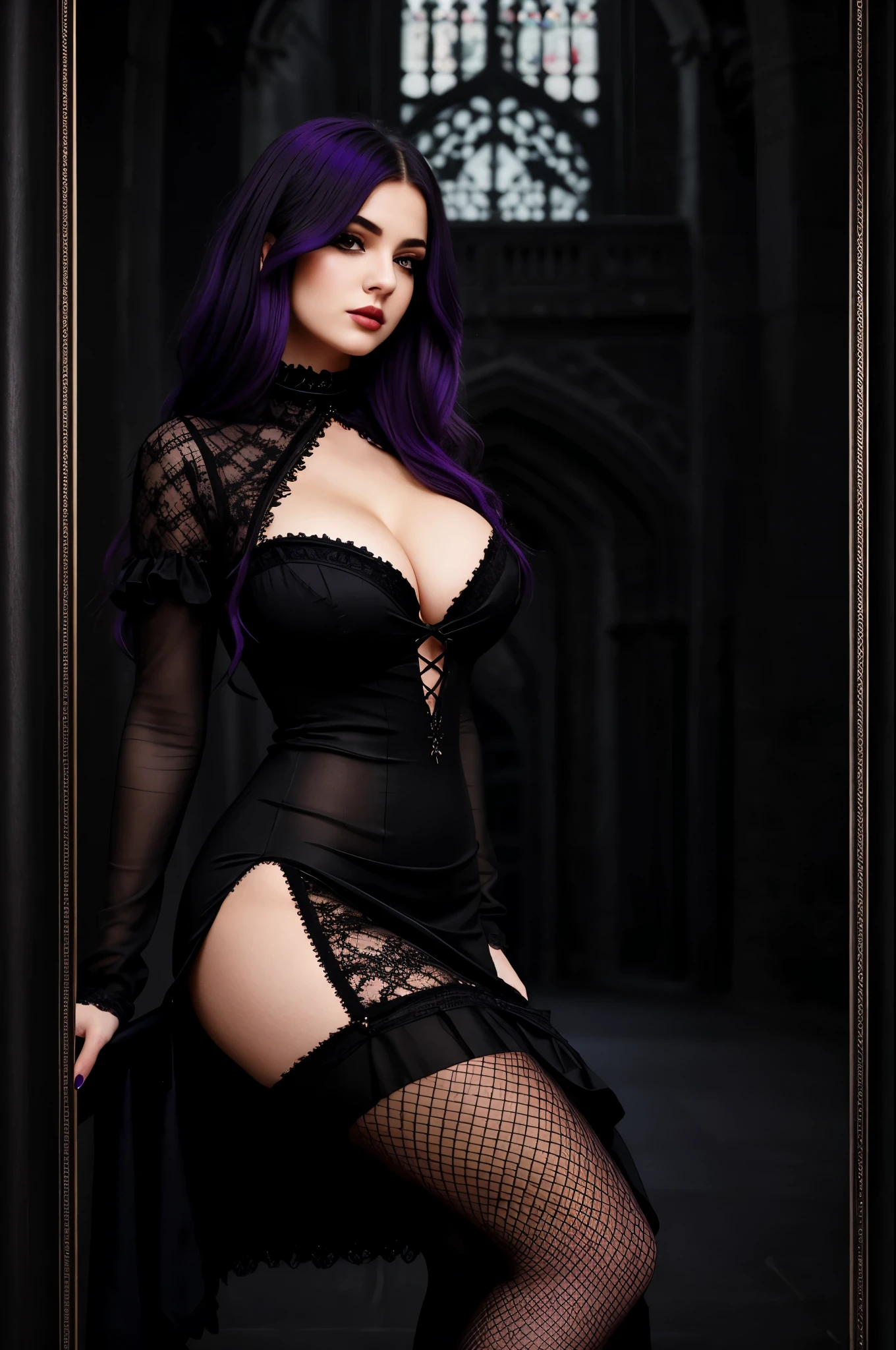 A 20-year-old milf with a captivating gothic allure, possessing a voluptuous figure. Her hair, as dark as the night, is streaked with radiant purple highlights, framing her enchanting face. The epitome of gothic fashion, she dons a white and black dress, which is both sheer and short, revealing her tantalizing shoulders. The torn pantyhose add a seductive edge to her outfit, complemented by her tall, black boots with fishnet stockings. The delicate details of her gothic dress are accentuated in the dimly lit, ominous castle, creating an atmosphere of intrigue and mystery.