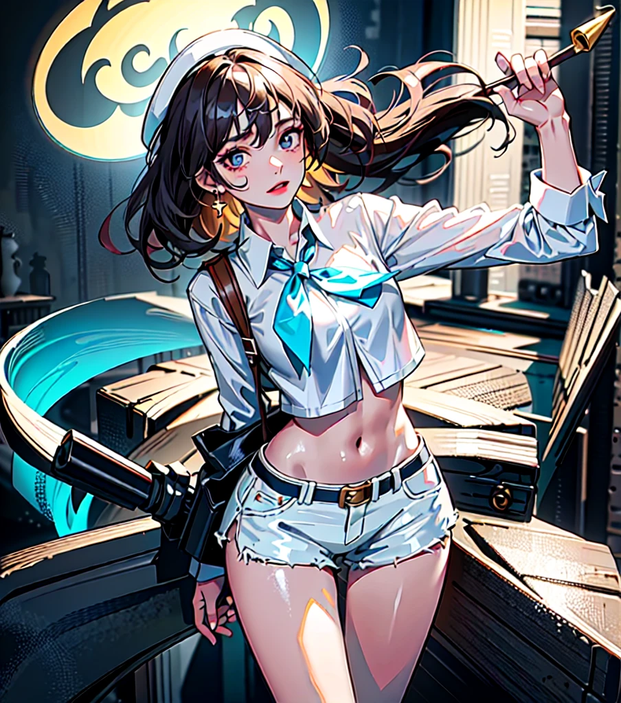 absurdres, RAW photo, extremely delicate and beautiful, masterpiece, Best Quality, ultra high resolution, 32k, hyperrealistic, ultra-detailed, perfect anatomy, anatomically correct, perfect figure, super Detailed skin, pale skin, 20 years old, very Slim body, narrow waist, very small head, very small face, delicate facial features, detailed face, detailed eyes, tearful mole, earring, thin legs, bare legs, (very huge round breasts), short medium hair, ((wavy hair)), wet clothes, solo, collared white shirt, ((cowgirl costume)), vest, cowboy hat, fingerless gloves, midriff, neckerchief, shorts, holster,