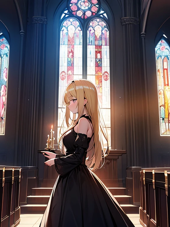 Tabletop, highest quality,figure, wallpaper, Super detailed, Absurd beauty、(Dark Scene, Soft lighting, High saturation):1.4、 Vivid lighting, Enchanting elegance, Atmospheric Depth, Great technology, Naturalistic representation, Harmonious composition, Creative refinement, A striking contrast、Inside the church、Huge stained glass、(Sunset)、1 beautiful girl、Blonde