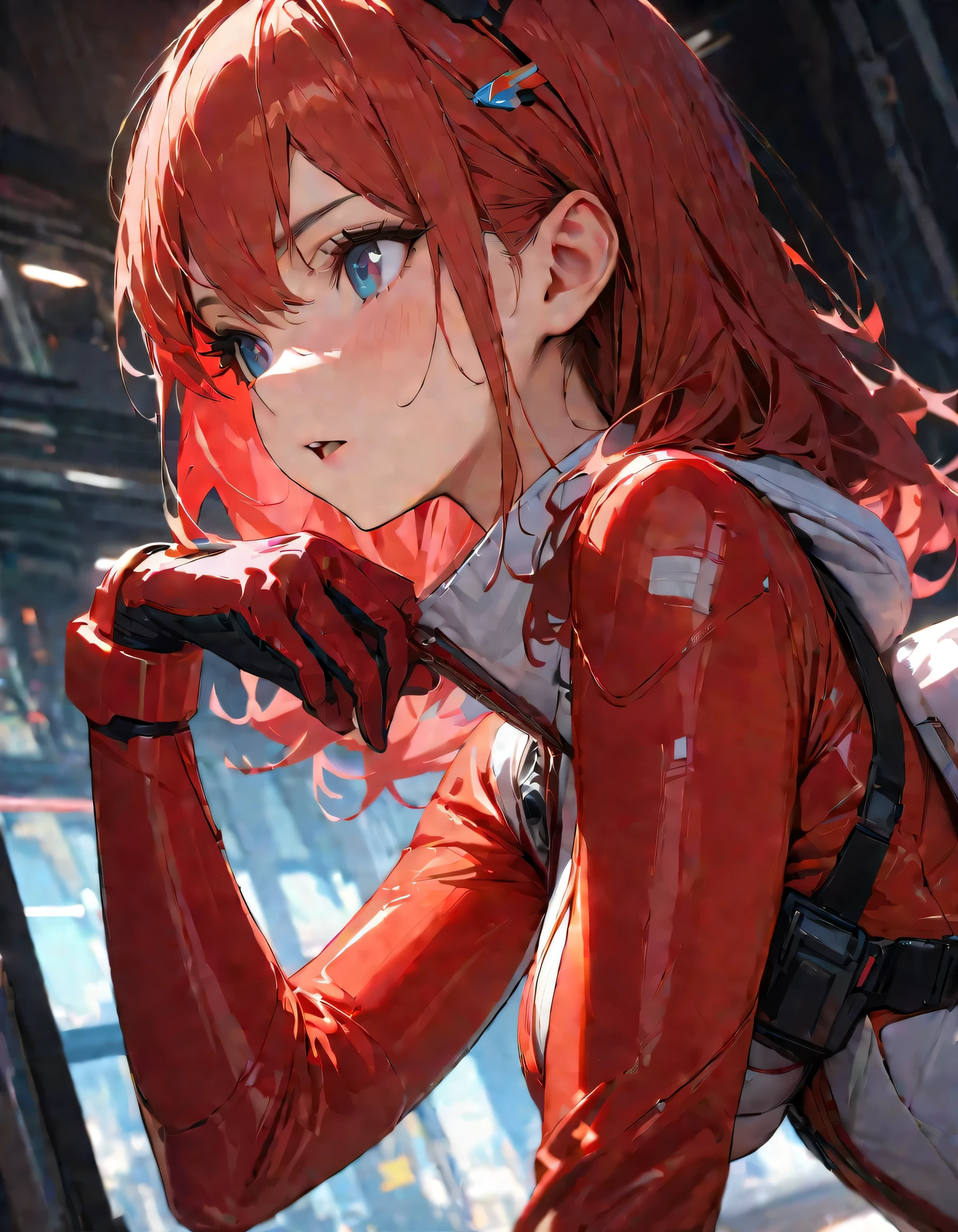 An absurd solution, High resolution, (masterpiece: 1.4), Super detailed, One young woman, Short Red Hair, Pilot Suit, princess, I'm sitting in a very small, enclosed mecha control room, looking out the window., The window allows you to see the blue planet in space (1.5), The expression is excited, The mecha control room is in space、(highest quality、masterpiece、High resolution、detailed)、anime style、Flat Style、(Shining Eyes、Beautiful Face), BREAK,1 girl、Extremely detailed official moe anime art、(The Shining), Best lighting, Best Shadow、High saturation,Dynamic Angle、anime