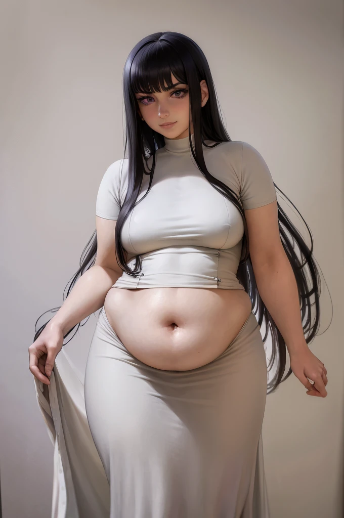 (masterpiece, best quality:1.2), coffeeslice, 1girl, long hair, solo,very long hair, smile, full body, parted lips, (realistic, photo-realistic:1.37), (8k, RAW photo, best quality, masterpiece:1.2), simple background, ultra-detailed, physically-based rendering, kodakvision color, bokeh, sharp focus, (solo:1.4), best quality, extremely detailed face, extremely detailed eyes and face, beautiful detailed eyes, 1girl, solo, veyle_engage, long hair, black and white hair, purple eyes, dress, absurdres, incredibly absurdres, masterpiece, best quality, realistic, sharp image, simple background, (1girl:1.6), belly, big belly, huge belly, bellyheavy, plump, fat, curvy, sciamano240, soft shading, detailed, semi-realistic,