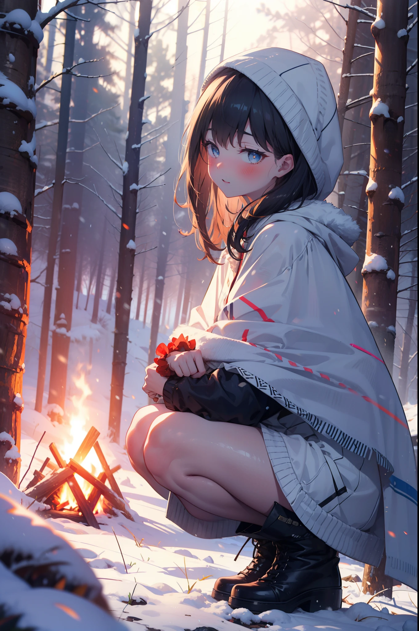 Six flowers, rikka takarada, Black Hair, blue eyes, Long Hair, orange Scrunchie, Scrunchie, wrist Scrunchie,smile,blush,White Breath,
Open your mouth,snow,A bonfire on the ground, Outdoor, boots, snowing, From the side, wood, suitcase, Cape, Blurred, Increase your meals, forest, White handbag, nature, Squat, Mouth closed, フードed Cape, winter, Written boundary depth, Black shoes, red Cape break looking at viewer, Upper Body, whole body, break Outdoor, forest, nature, break (masterpiece:1.2), highest quality, High resolution, unity 8k wallpaper, (shape:0.8), (Beautiful and beautiful eyes:1.6), Highly detailed face, Perfect lighting, Highly detailed CG, (Perfect hands, Perfect Anatomy),