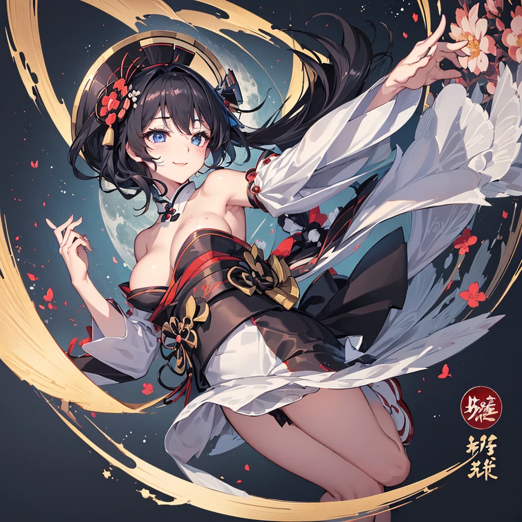 ((blackい髪 geisha black fan one person Lonely Bruises smile Large Breasts Kimono that exposes the shoulders)) ((night Japanese style old Shining Aura)) (Dance blue eyes Shining Eyes) moon star Draw your sword Catch the wind