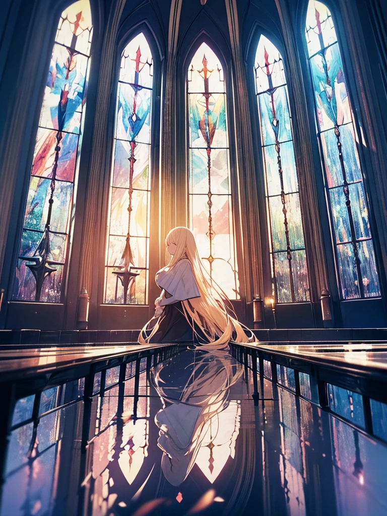 Tabletop, highest quality,figure, wallpaper, Super detailed, Absurd beauty、(Dark Scene, Soft lighting, High saturation):1.4、 Vivid lighting, Enchanting elegance, Atmospheric Depth, Great technology, Naturalistic representation, Harmonious composition, Creative refinement, A striking contrast、Inside the church、Huge stained glass、(Sunset)、1 beautiful girl、Blonde