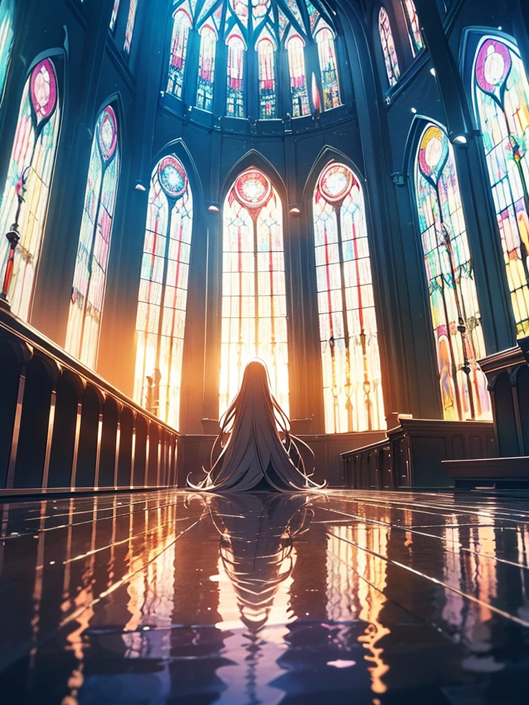 Tabletop, highest quality,figure, wallpaper, Super detailed, Absurd beauty、(Dark Scene, Soft lighting, High saturation):1.4、 Vivid lighting, Enchanting elegance, Atmospheric Depth, Great technology, Naturalistic representation, Harmonious composition, Creative refinement, A striking contrast、Inside the church、Huge stained glass、(Sunset)、1 beautiful girl、Blonde