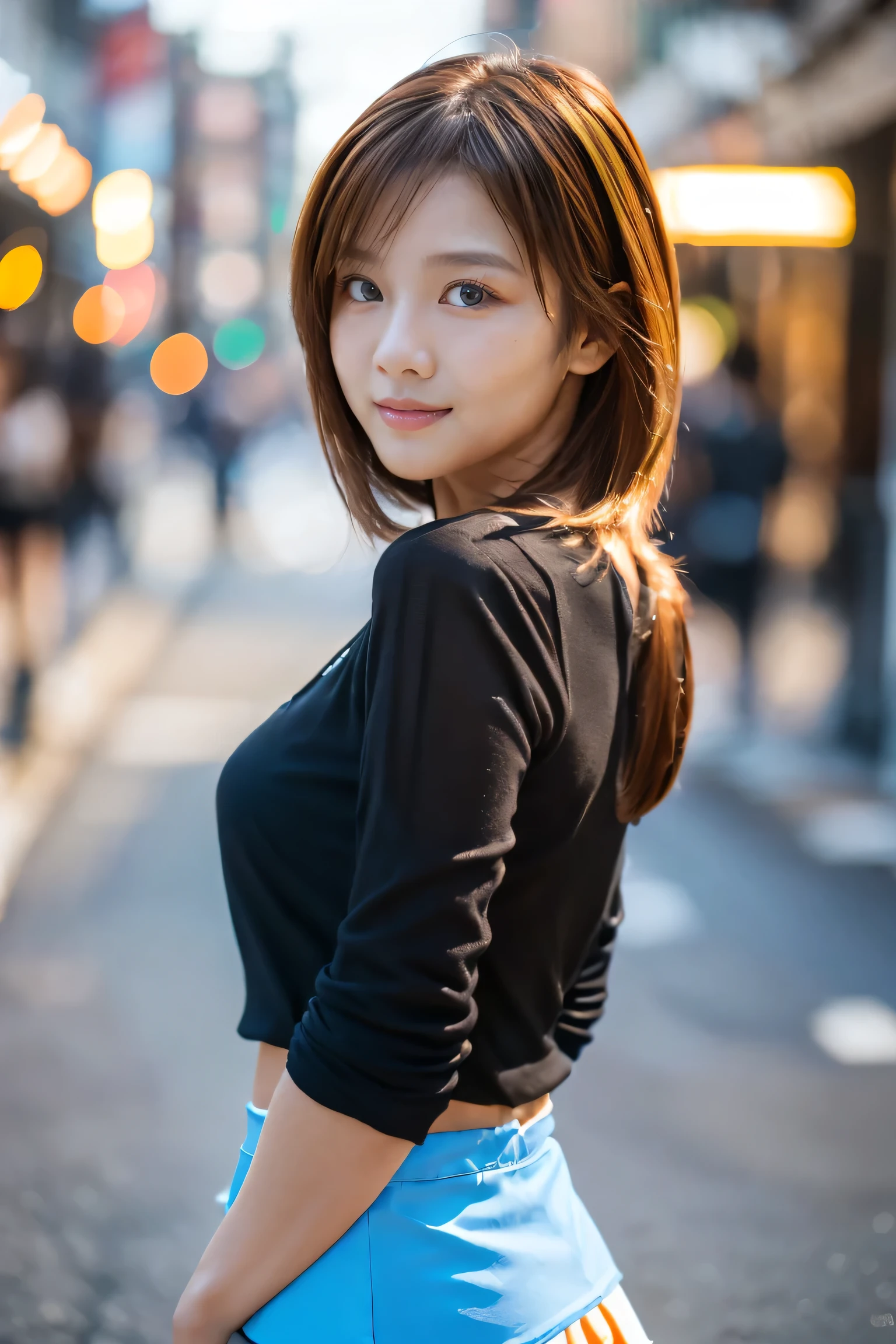 (18-year-old female), (The best quality at its best:1.4), (Super detailed), (Very detailed CG unified 16k), Beautiful woman with perfect figure: 1.4, Sharp focus: 1.2, Very detailed, High-quality RAW color photos, Professional photography, Great face and eyes, Beautiful eyelashes、cosmetics, (Amazingly beautiful girl), ((blouse, White mini tight skirt)), Are standing, Sexy posture,(Stylish cityscape, dawn:1.3), (View from below), Realistic movie faces, Wide zoomed out view of head to foot length, Full body long view, Realistic, ((Realistic natural orange red hairstyle, Realistic blue eyes, Short Bob Hair)), nice, Very beautiful face, Perfect model beauty, Mouth swelling, Highly detailed face and skin texture, Fine grain, double eyelid, Medium chest, smile, Crack, west, (masterpiece), highest quality, High resolution, Very detailed, Blurred Background, Depth of written boundary, Cinema Lighting, Great legs, High heels, Clear, well-maintained skin, (((Women make up the majority of the photo)))