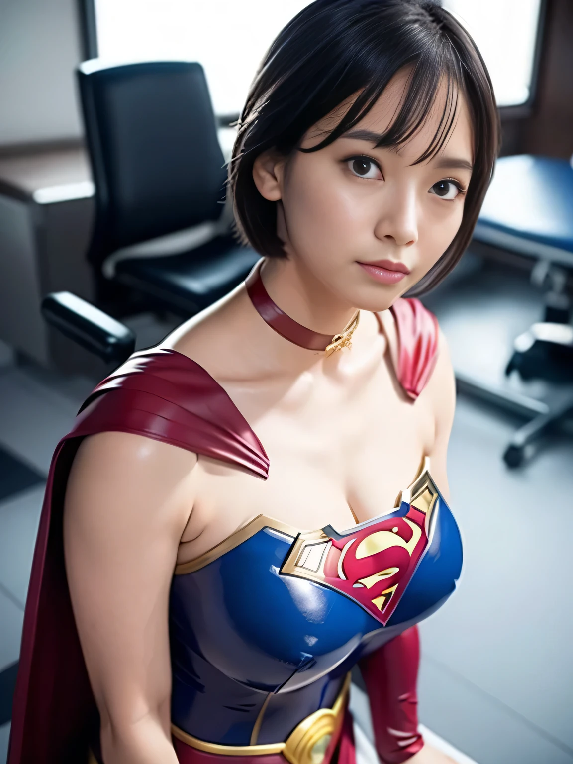 Masterpiece、Enamel Supergirl Costume、Short Hair、Hospital operating table、Crisis situation、Big and ample breasts、looking at the camera、Shiny、Off the shoulder、choker、Long sleeve、exy poses to seduce、Sweaty、Model Body Type、Alluring、charm、Enchanting、Abused、test subject、victim、Wild、Photorealistic、latex、bandage、Red Cape、