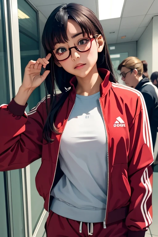 (masterpiece, highest quality), One Girl, Satou, Satou, Glasses, 赤いフレームのGlasses, Under-rim eyewear, Satou, Glasses, 赤いフレームのGlasses, Under-rim eyewear, Track jacket, Track pants