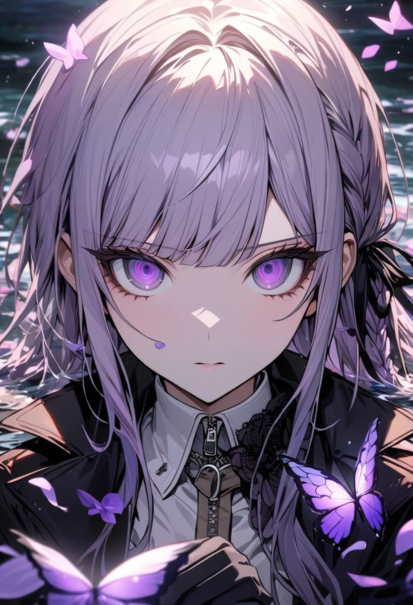 Ultra detailed, Highres, absurdres, HDR, Kirigiri Kyoko, light lavender hair, expressive purple eyes, black jacket with patterns, Danganronpa, purple flowers, petals, extremely beautiful, woman, solo, very detailed eyes and face, black gloves, water, purple butterflies, master piece, best quality,