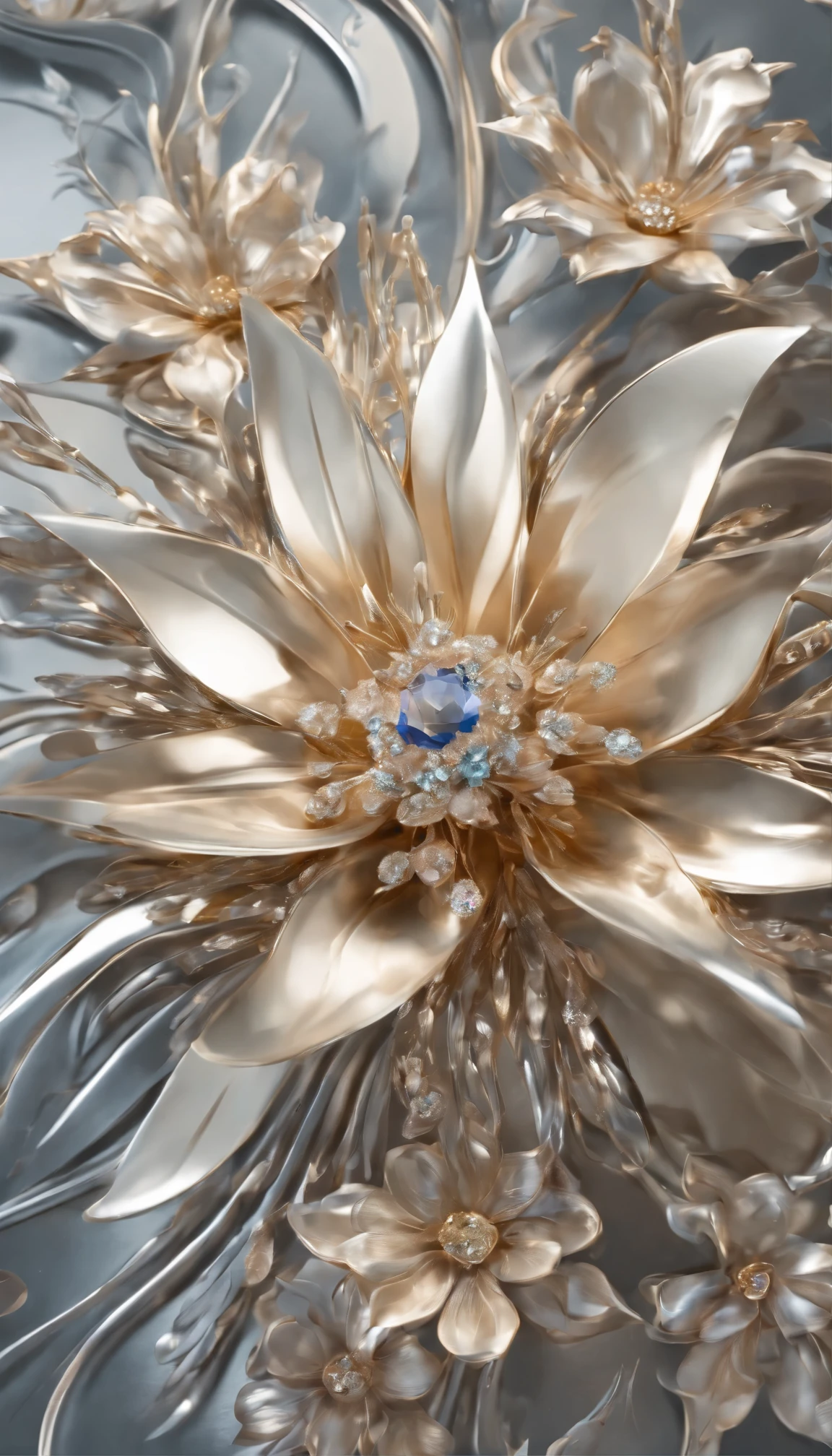 All expressed with jewels, the arrival of spring, various beautiful flowers, angles looking up from below, various jewels falling from the sky, wonderful and beautiful superb view, slightly hazy, fantastic, high resolution, 8K, (best quality, highres, realistic:1.37), shiny metallic flowers, intricate and delicate petals, reflective surfaces, vibrant colors, intricate details, close-up view, surreal garden, surreal beauty, dreamy atmosphere, fine art, abstract botanicals, metallic sculpture, contrasting textures, ethereal glow