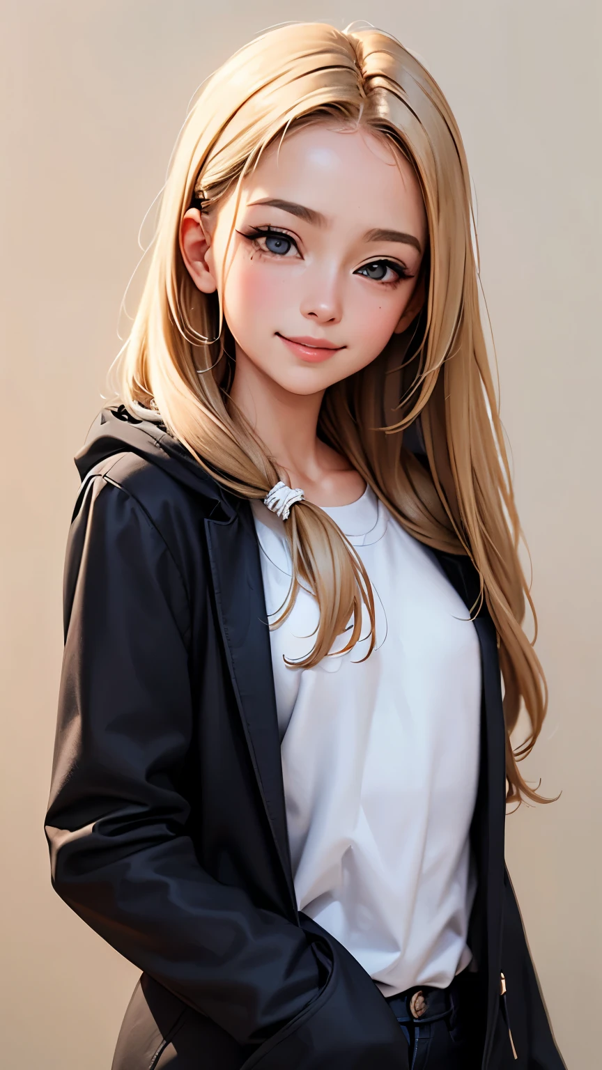 masterpiece, highest quality,Face-to-face audience, Upper body,Middle-aged women,Greek Goddess Attitude, Melon seed face, ((Long, narrow eyes)), Mole under the eye,Brown eyeball, Thin lips, Anorexia,blonde, Very long hair, Laugh with your mouth closed,40 year old mature woman, self-portrait, Simple Background,Thin legs,Close your eyes and smile,The happi coat is open