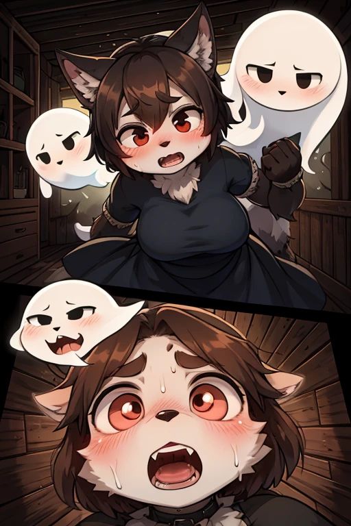 Hairy wolf mom , round face , moist round eyes , Swollen cheeks , scream , glossy lips , neat dress , in the Haunted house , (Peeing in fear:1.1) , (attack from behind traditional ghost:1.2) , escape