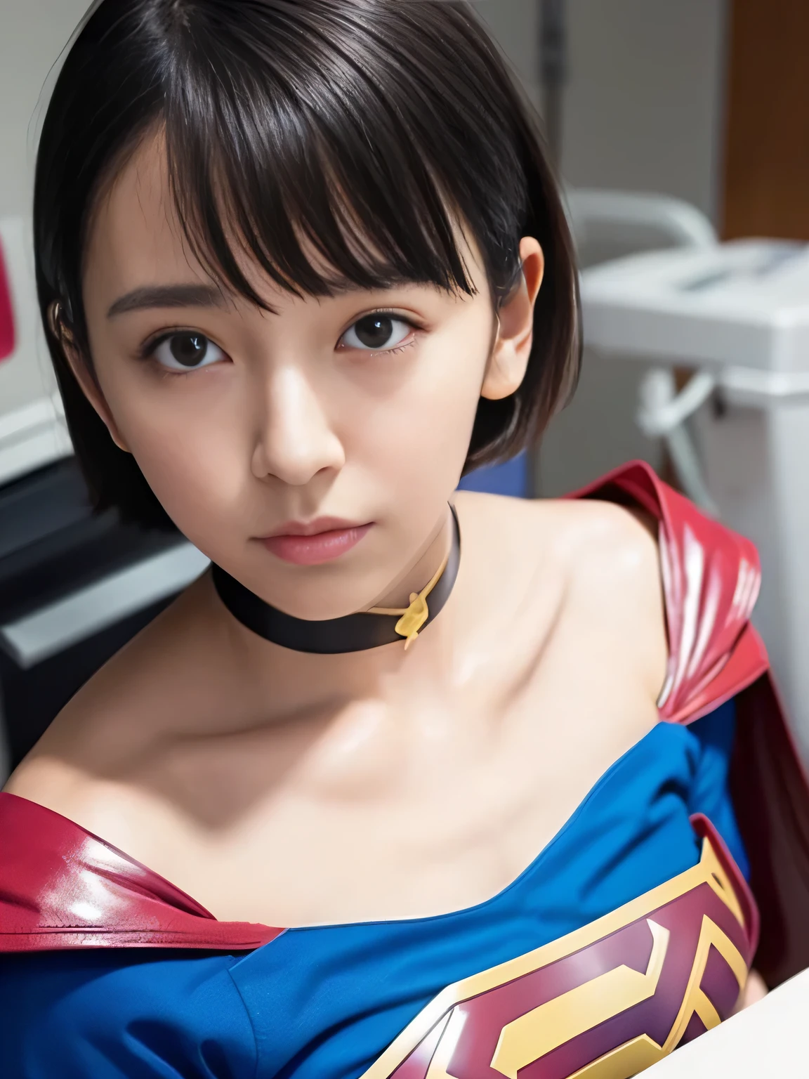 Masterpiece、Enamel Supergirl Costume、Short Hair、Hospital operating table、Crisis situation、Big and ample breasts、looking at the camera、Shiny、Off the shoulder、choker、Long sleeve、exy poses to seduce、Sweaty、Model Body Type、Alluring、charm、Enchanting、Abused、test subject、victim、Wild、Photorealistic、latex、bandage、Red Cape、