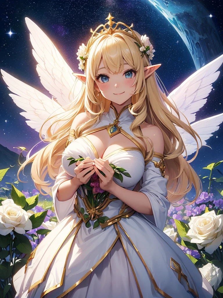 最high quality、1girl ELF
NP: worst quality ,flower fractal art,
rule of thirds composition,
beautiful glow,
romanticism, ((ANGEL wingt))White roses bouquet、
the most beautiful form of chaos, various colors, entangled flower, Particle,magical gentle light,smile,sexy,Image quality、masterpiece、Beautiful Face、Super beautiful elf girl((22 year old office lady with big breasts、Bust 90,Beautiful long ironed hair、blonde、height: 165cm。、sexy、Esbian、Beautiful tiara、白薔薇のflower束、high quality、美しいart、galactic creation、background((星nullスキー)))、ビジュアルart、Written boundary depth、、Elf Ears、、Lightのmagic、universe、Happy smile、穏やかなLight、Elven Forest、elegant、ticker beautiful decorative、flower瓶、magicのflower、光を作るmagic、Light、Earth、 null、Beautiful dressy、Beautiful dress、table、giant galaxy、myth、art、、sexy、A kind smile、wonderful、舞い散るflowerびら、Spectacular landscapes、Beautiful Landscape、universeのmagic、magicのLight、Fantasy、flower、super REALITY、magic、universeを飛ぶ、、Grow Fantasy、、mysteryのLight、Byzantine、Art Nouveau、Elven Nation、 たくさんのflower、、art、art,mystery,Ultra-high resolution,magicalgentle light,sexy、Marble pillar、golden decoration