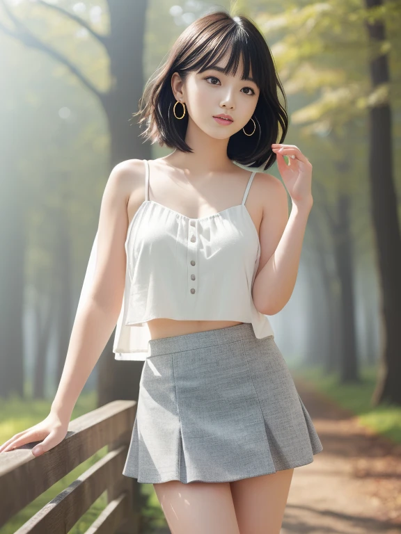 (masterpiece)、(highest quality:1.5)、(16K Wallpaper:1.2)、(Photorealistic:1.2)、(Ultra-detailed:1.2)、(超A high resolution:1.2),(Surreal), (figure), (High resolution), (Very detailed), (best figure), (Professional), (Realistic), (Post-processing), (maximum detail), (Very detailed),(Sharp focus), Sharp focus:1.2,Photorealistic, Ultra-realistic, Backlight, Bright light, (Improvement of quality:1.4),Healthy thighs、Narrow waist、Big ass、(Beautiful legs)、((Perfectly detailed five-fingered hands)),(Anatomically correct body)、((1 female:1.4))、Realistic Skin,(Small chest:1.4),Pretty woman with perfect figure:1.4,(from the front:1.5), (Enhances the beauty of skin texture:1.1), (Beautiful fine details), (Detailed face),Beautiful realistic face,No makeup、美しいBlack Hair、Super Beauty、Natural color lip、Even bangs、((29-year-old woman))、Bob Hair、Hair blowing in the wind, (Black Hair, Iris, Watery eyes, Shining Eyes, Short Bob Cut, Small earrings, Lightly reddish), ((tuck mini skirt, White tank top:1.3)),Are standing), (Foggy morning forest),(Huge park), Natural light, full length