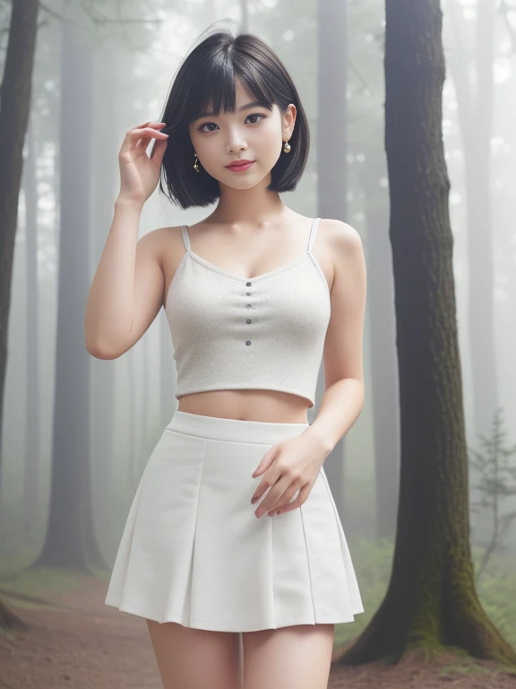 (masterpiece)、(highest quality:1.5)、(16K Wallpaper:1.2)、(Photorealistic:1.2)、(Ultra-detailed:1.2)、(超A high resolution:1.2),(Surreal), (figure), (High resolution), (Very detailed), (best figure), (Professional), (Realistic), (Post-processing), (maximum detail), (Very detailed),(Sharp focus), Sharp focus:1.2,Photorealistic, Ultra-realistic, Backlight, Bright light, (Improvement of quality:1.4),Healthy thighs、Narrow waist、Big ass、(Beautiful legs)、((Perfectly detailed five-fingered hands)),(Anatomically correct body)、((1 female:1.4))、Realistic Skin,(Small chest:1.4),Pretty woman with perfect figure:1.4,(from the front:1.5), (Enhances the beauty of skin texture:1.1), (Beautiful fine details), (Detailed face),Beautiful realistic face,No makeup、美しいBlack Hair、Super Beauty、Natural color lip、Even bangs、((29-year-old woman))、Bob Hair、Hair blowing in the wind, (Black Hair, Iris, Watery eyes, Shining Eyes, Short Bob Cut, Small earrings, Lightly reddish), ((tuck mini skirt, White tank top:1.3)),Are standing), (Foggy morning forest),(Huge park), Natural light, full length