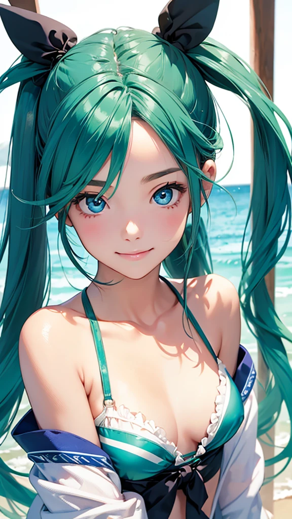 highest quality、Realistic、woman、Japanese、zoom、cute、Ocean、Cobalt blue eyes、Green hair、Twin tails、Swimwear、Face close-up、thin、Small breasts、smile