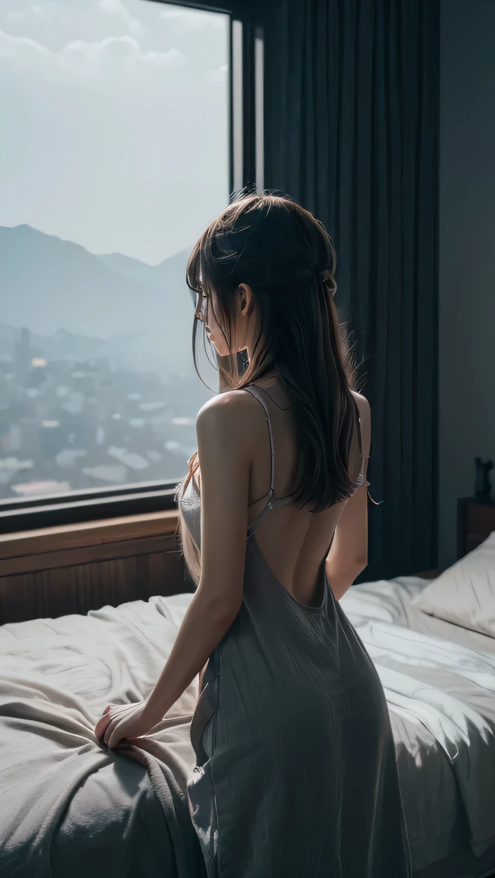 (Very detailed CG Unity 8k wallpaper, highest quality, Very detailed, Back view:1.2,In a dimly lit bedroom、My hair is messy and messy from bedtime、Early morning view、It&#39;s raining outside the window、In her underwear, just her bra and panties 、Just woke up early in the morning、Looks sleepy、The light shines on your face:1.5, Gray background, Professional Lighting), 26 year old Japanese woman. Her straight black hair is a little longer than her shoulders..、No excess curl、Clean, face-framing style。.[3] Her thin eyebrows complement her gentle brown eyes.. She has a small nose、Lips are a little plump. Photo、Her upper body is、She is photographed with beautiful light shining on her face.、She is standing wearing only a bra and panties.、She is looking out of the apartment's bedroom window.She is sitting on the bed, looking out of the window.
