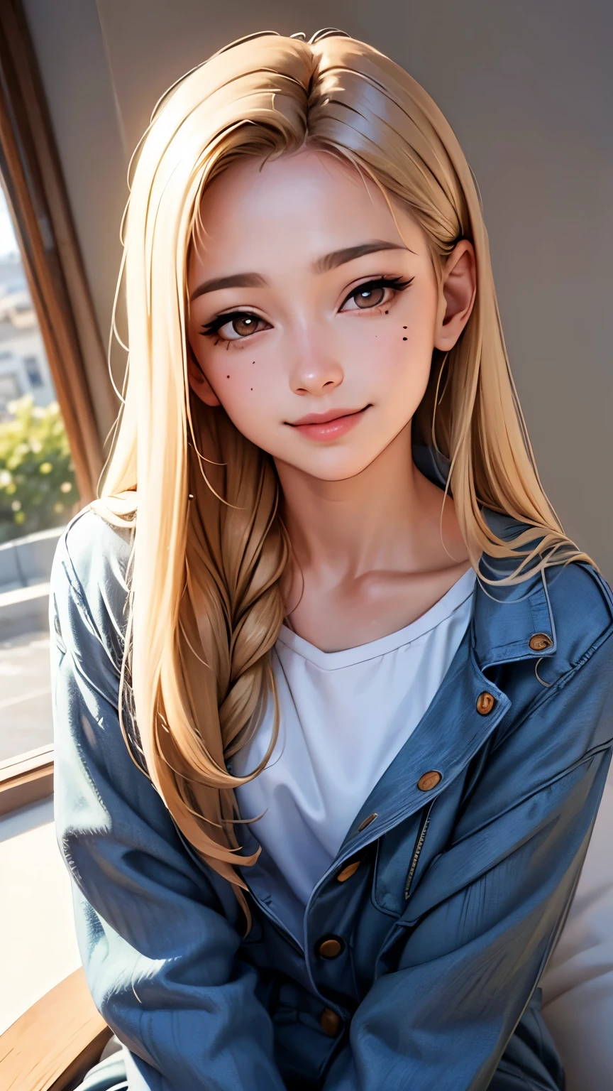 masterpiece, highest quality,Face-to-face audience, Upper body,Middle-aged women,Greek Goddess Attitude, Melon seed face, ((Long, narrow eyes)), Mole under the eye,Brown eyeball, Thin lips, Anorexia,blonde, Very long hair, Laugh with your mouth closed,40 year old mature woman, self-portrait, Simple Background,Thin legs,Close your eyes and smile,The happi coat is open