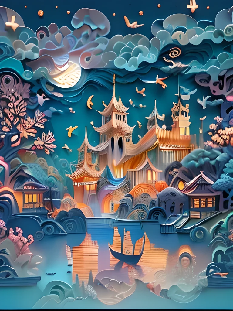 (((masterpiece))),best quality, illustration,  sky, cloud, water, star \(symbol\), tree, no humans, night, bird, moon, building, star \(sky\), night sky, scenery, starry sky, watercraft, castle, ship, waves, tower, boat. vibrant color scheme, Soft light,(warm color:1.2),Water color painting, light background, best quality exquisite details,3d rendering,Octane render, pastel, paper_cut