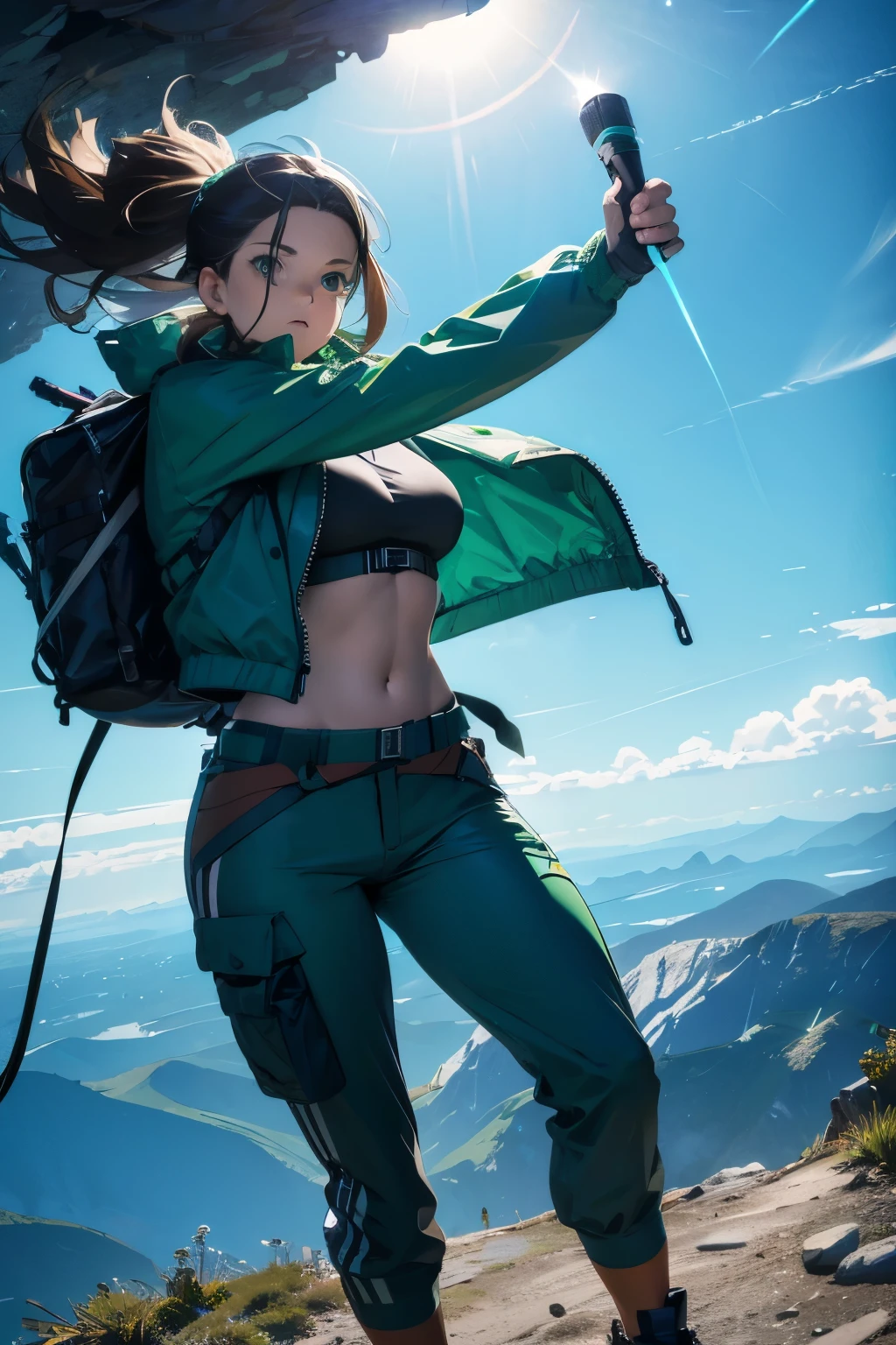 holding a flashlight mature, woman, climbing a mountain, serious, tactical, cool pose, hiking pants, bra wrap, wind, wind breaker, green wind breaker