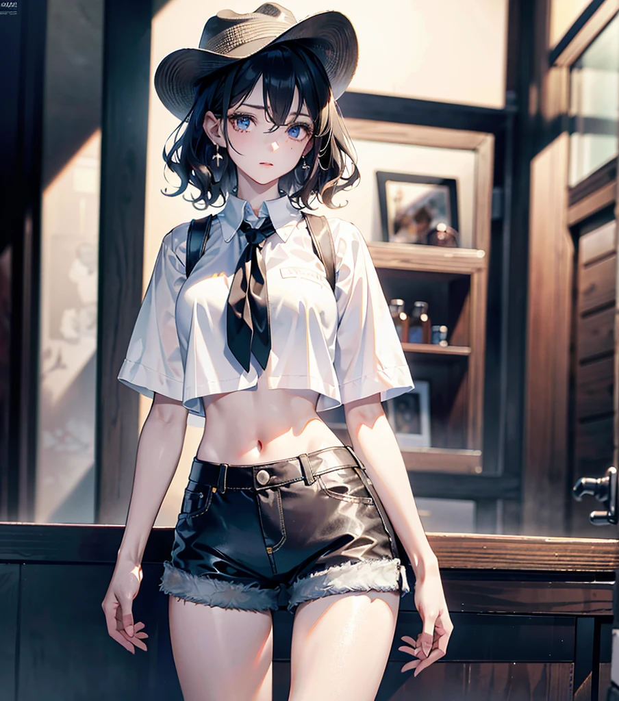 absurdres, RAW photo, extremely delicate and beautiful, masterpiece, Best Quality, ultra high resolution, 32k, hyperrealistic, ultra-detailed, perfect anatomy, anatomically correct, perfect figure, super Detailed skin, pale skin, 20 years old, very Slim body, narrow waist, very small head, very small face, delicate facial features, detailed face, detailed eyes, tearful mole, earring, thin legs, bare legs, (very huge round breasts), short medium hair, ((wavy hair)), wet clothes, solo, collared white shirt, ((cowgirl costume)), vest, cowboy hat, fingerless gloves, midriff, neckerchief, shorts, holster,