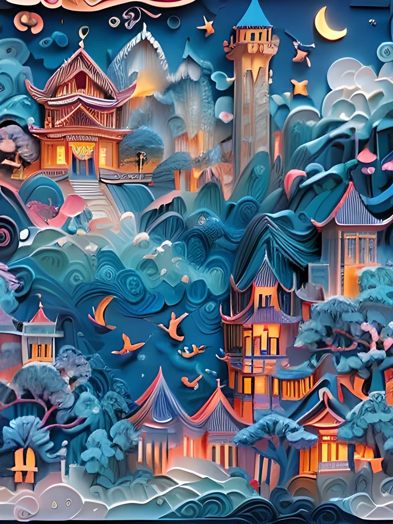 (((masterpiece))),best quality, illustration,  sky, cloud, water, star \(symbol\), tree, no humans, night, bird, moon, building, star \(sky\), night sky, scenery, starry sky, watercraft, castle, ship, waves, tower, boat. vibrant color scheme, Soft light,(warm color:1.2),Water color painting, light background, best quality exquisite details,3d rendering,Octane render, pastel, paper_cut