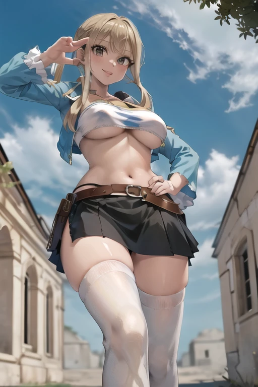 (masterpiece), (best quality), (beautiful eyes and face), (perfect female body), (shiny skin),
looking at viewer, cowboy shot,
1girl, solo, lucy heartfilia, blonde hair, twintails, brown eyes,
large breasts,
smile,
standing, hand on hip,
detached sleeves, midriff, cropped vest, strapless, belt, black skirt, black thighhighs,
outdoors, historical ruins,