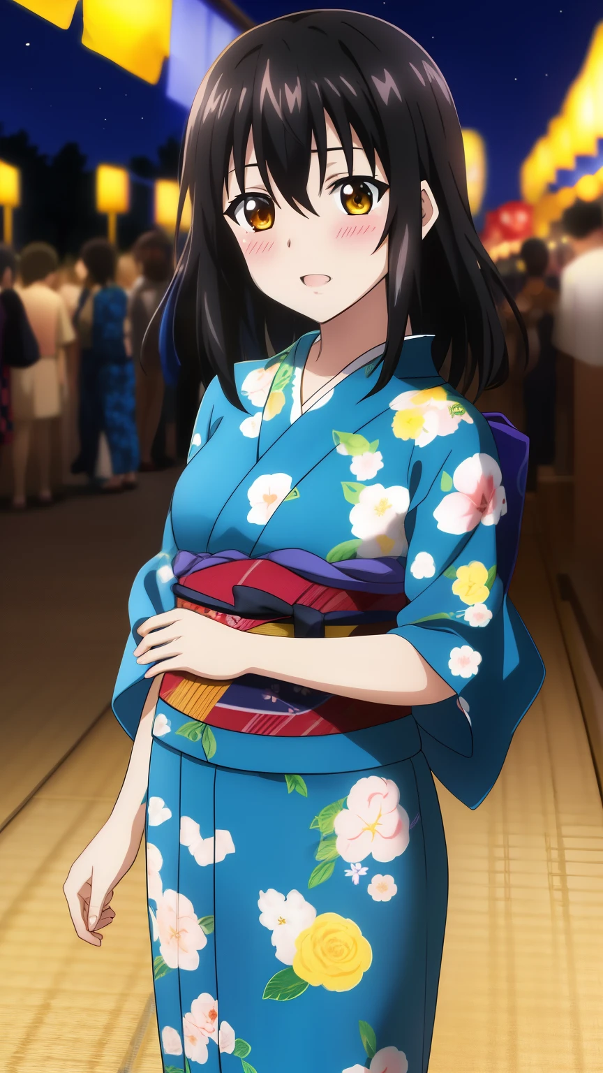 (highest quality, 8k, masterpiece: 1.2), anime art style, Very detailed, anime_Coloring, Hyper Detail, Yukina, One Girl, alone, Teen Style,length_hair, Front hair, black_hair, hair_between_eye, Small medium breast, yellow_eye, Shiny, (Floral Yukata, Floral hair ornament, blush, Summer festival, night),Dynamic Angle, Center the image, Cowboy Shot