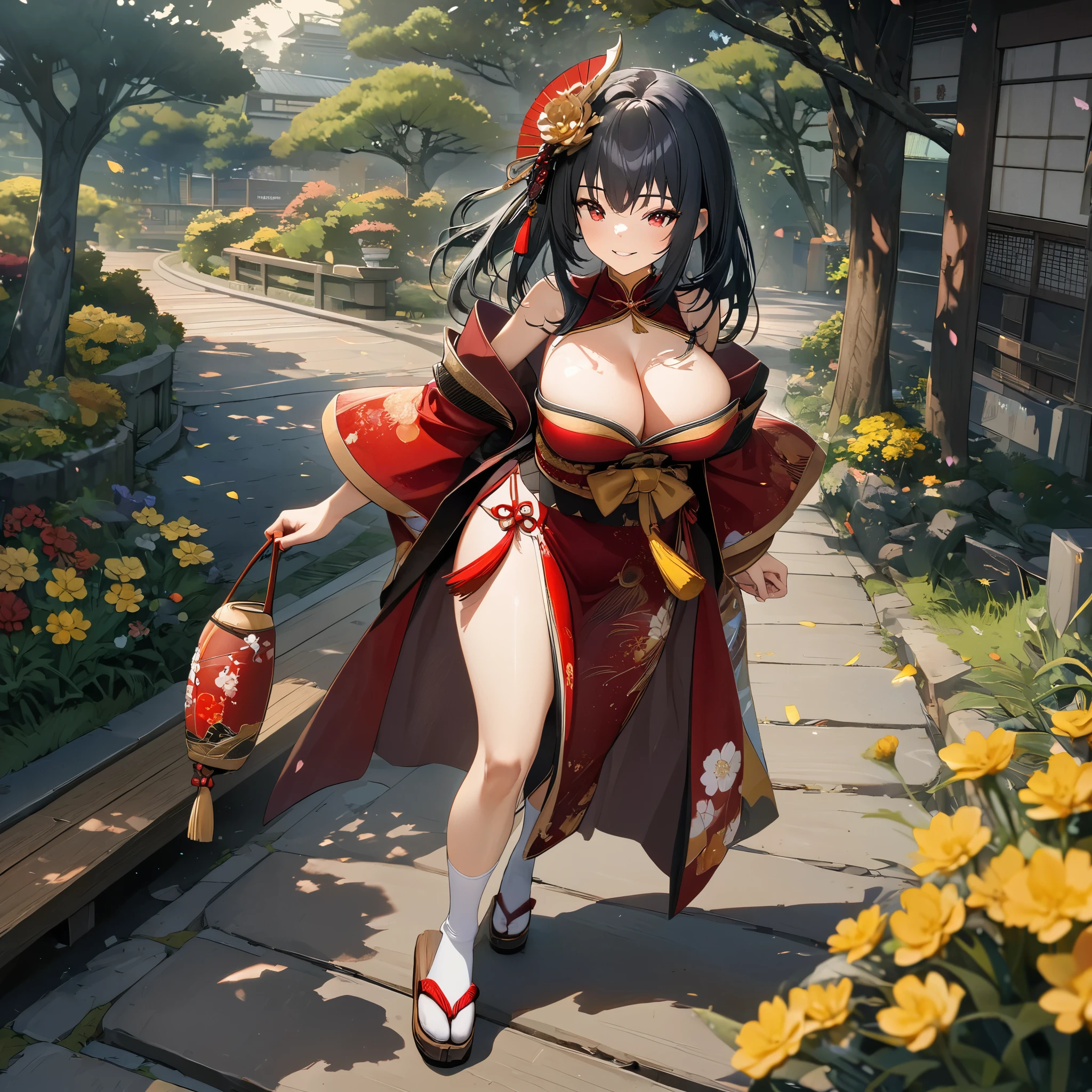 A woman wearing a red Geisha outfit with yellow flower designs, golden accessories in her hair, long black hair, red eyes, smiling, holding a white traditional Japanese parasol, large breasts, white socks, wooden shoes, walking on a wooden sidewalk. concrete in a traditional Japanese neighborhood, sakura trees in some parts, entire body. HD, bloom, very detailed, well defined, ultra resolution, surrealism,