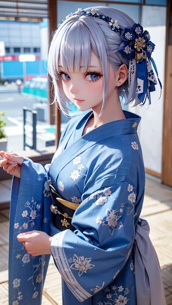 Silver Hair Short Hair Blue hair ornament Blue Eyes Beauty Blue yukata with floral pattern 夏festival festival Night Sky
