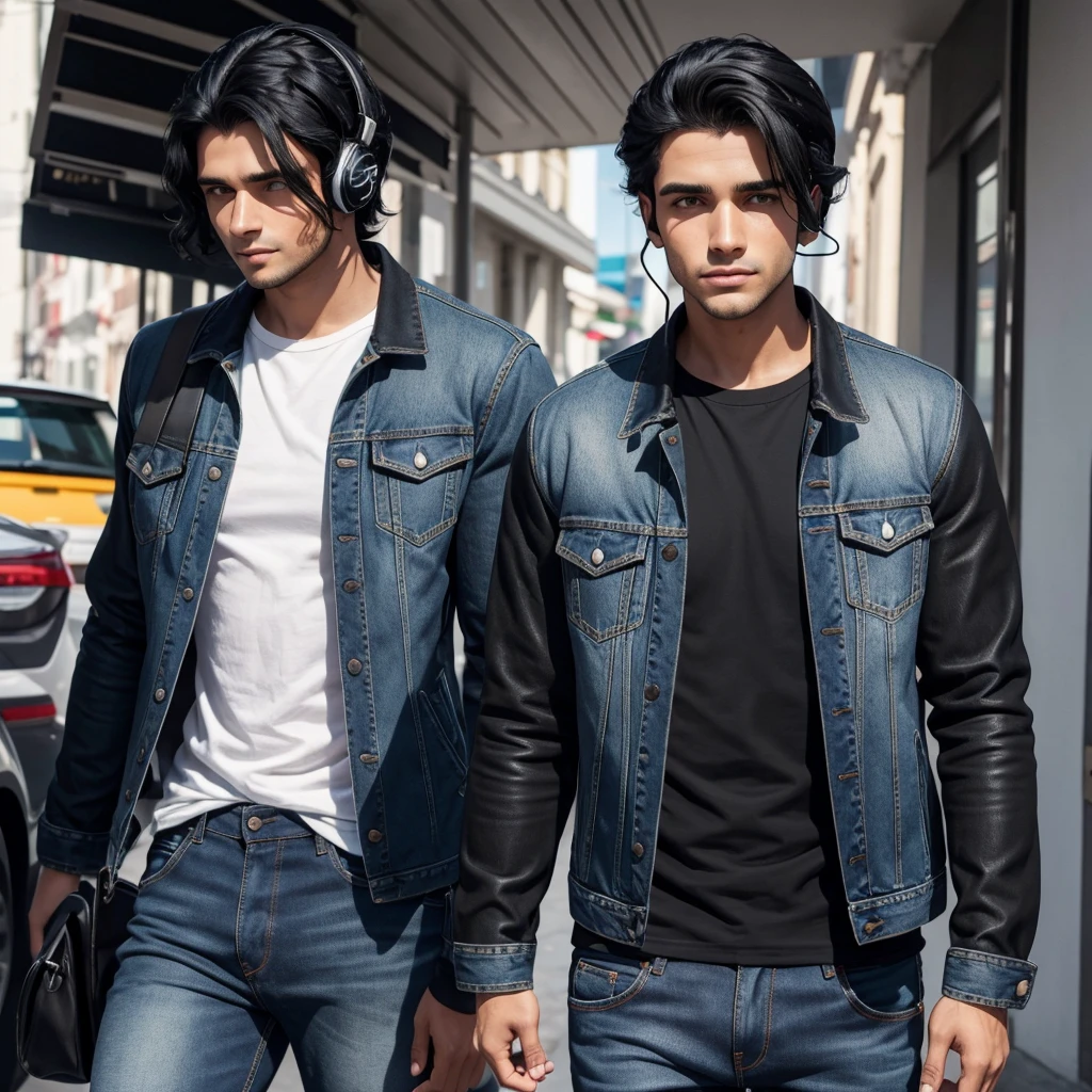 Homem jovem bonito, medium wavy black hair, olhos pretos e sobrancelha bem cuidada, usa uma jaqueta jeans por cima de uma blusa preta, other than using a basic headset without a microphone 