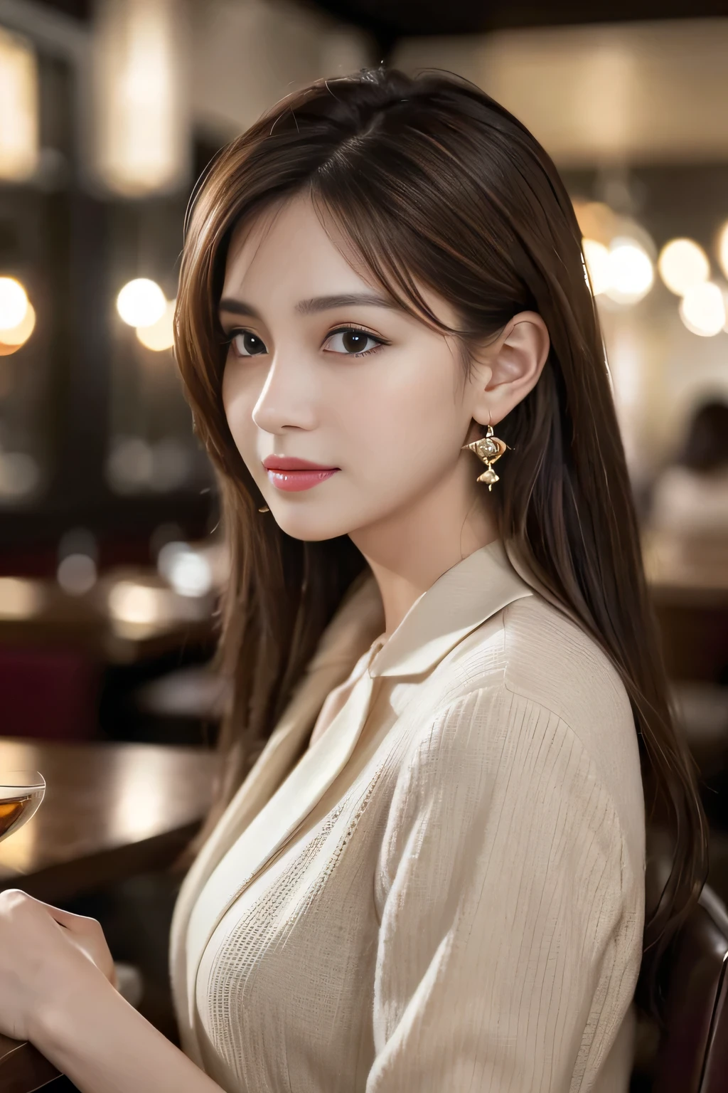 masterpiece, highest quality, Realistic, Very detailed, Finer details, High resolution, 8k wallpaper, One beautiful woman, Wear casual business attire, In a great restaurant, At night, Light brown messy hair, Perfect dynamic composition, Beautiful and beautiful eyes、Big earrings