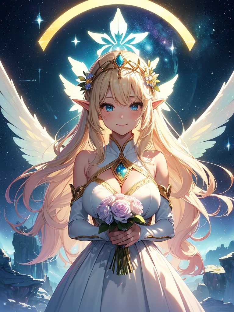 最high quality、1girl  ELF
NP: worst quality ,flower fractal art,
rule of thirds composition,
beautiful glow,
romanticism,  ((ANGEL wingt))the holding lots of White roses bouquet、
the most beautiful form of chaos, various colors, entangled flower, Particle,magical gentle light,smile,sexy,Image quality、masterpiece、Beautiful Face、Super beautiful elf girl((22 year old office lady with big breasts、Bust 90,Beautiful long ironed hair、blonde、height: 165cm。、sexy、Esbian、Beautiful tiara、白薔薇のflower束、high quality、美しいart、galactic creation、background((星nullスキー)))、ビジュアルart、Written boundary depth、、Elf Ears、、Lightのmagic、universe、Happy smile、穏やかなLight、Elven Forest、elegant、ticker beautiful decorative、flower瓶、magicのflower、光を作るmagic、Light、Earth、　null、Beautiful dressy、Beautiful dress、table、giant galaxy、myth、art、、sexy、A kind smile、wonderful、舞い散るflowerびら、Spectacular landscapes、Beautiful Landscape、universeのmagic、magicのLight、Fantasy、flower、super REALITY、magic、universeを飛ぶ、、Grow Fantasy、、mysteryのLight、Byzantine、Art Nouveau、Elven Nation、　たくさんのflower、、art、art,mystery,Ultra-high resolution,magicalgentle light,sexy、Marble pillar、golden decoration