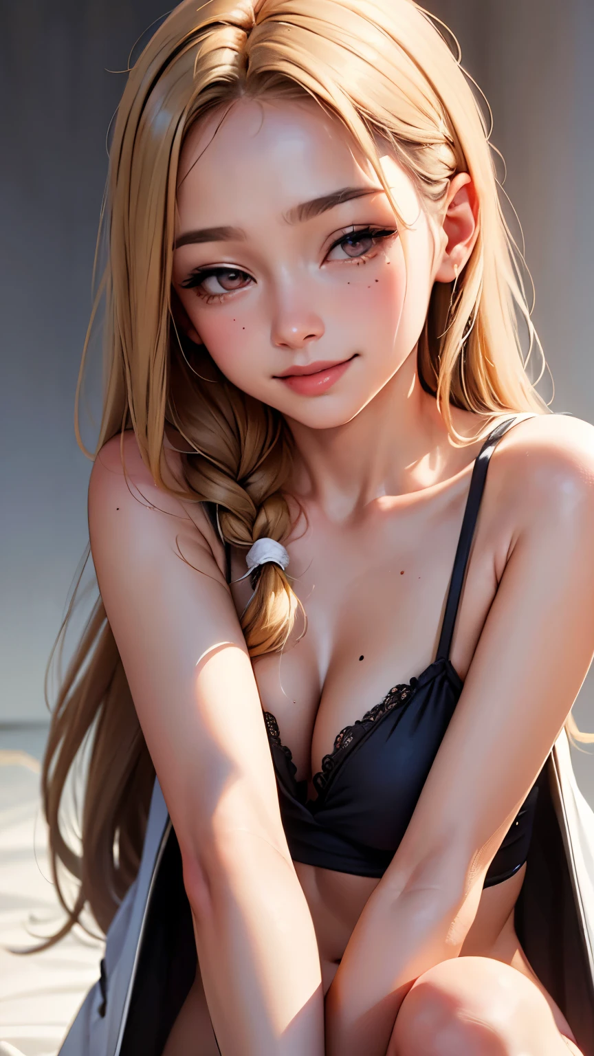 masterpiece, highest quality,Face-to-face audience, Upper body,Middle-aged women,Greek Goddess Attitude, Melon seed face, ((Long, narrow eyes)), Mole under the eye,Brown eyeball, Thin lips, rexia,blonde, Very long hair, Laugh with your mouth closed,40 year old matman, self-portrait, Simple Background,Thin legs,Close your eyes and smile,Swimwear,The happi coat is open