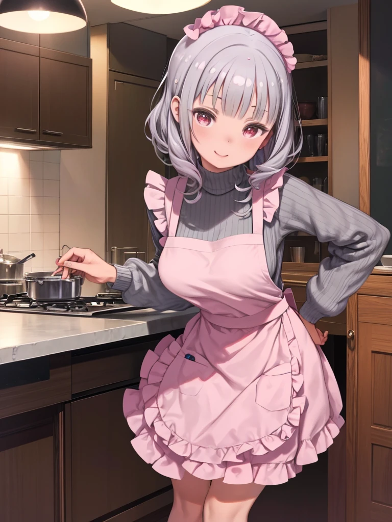 masterpiece、highest quality、High resolution、Very detailed、Medium wide shot、Girl、Beautiful red eyes、Silver Hair、Curly bob hair、Big Breasts、Gray turtleneck sweater、Long sleeve、((Pink frilly apron))、mini skirt、laughing、Leaning forward、Leaning body、kitchen、Peering into the audience、